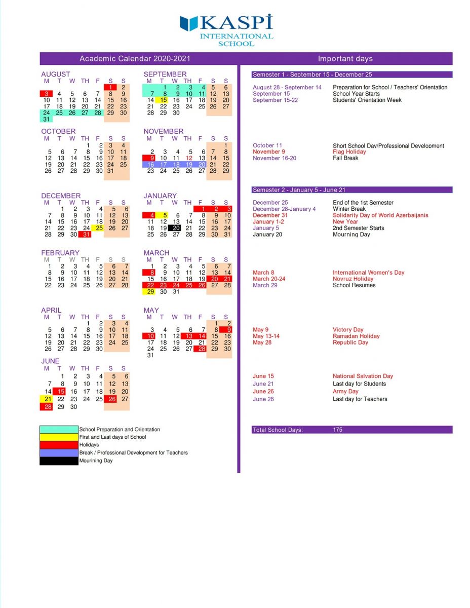 Kaspi International School - Academic calendar